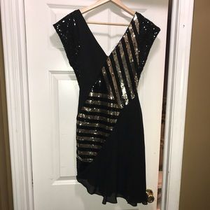 Bebe Party sequin assymetric black and gold dress